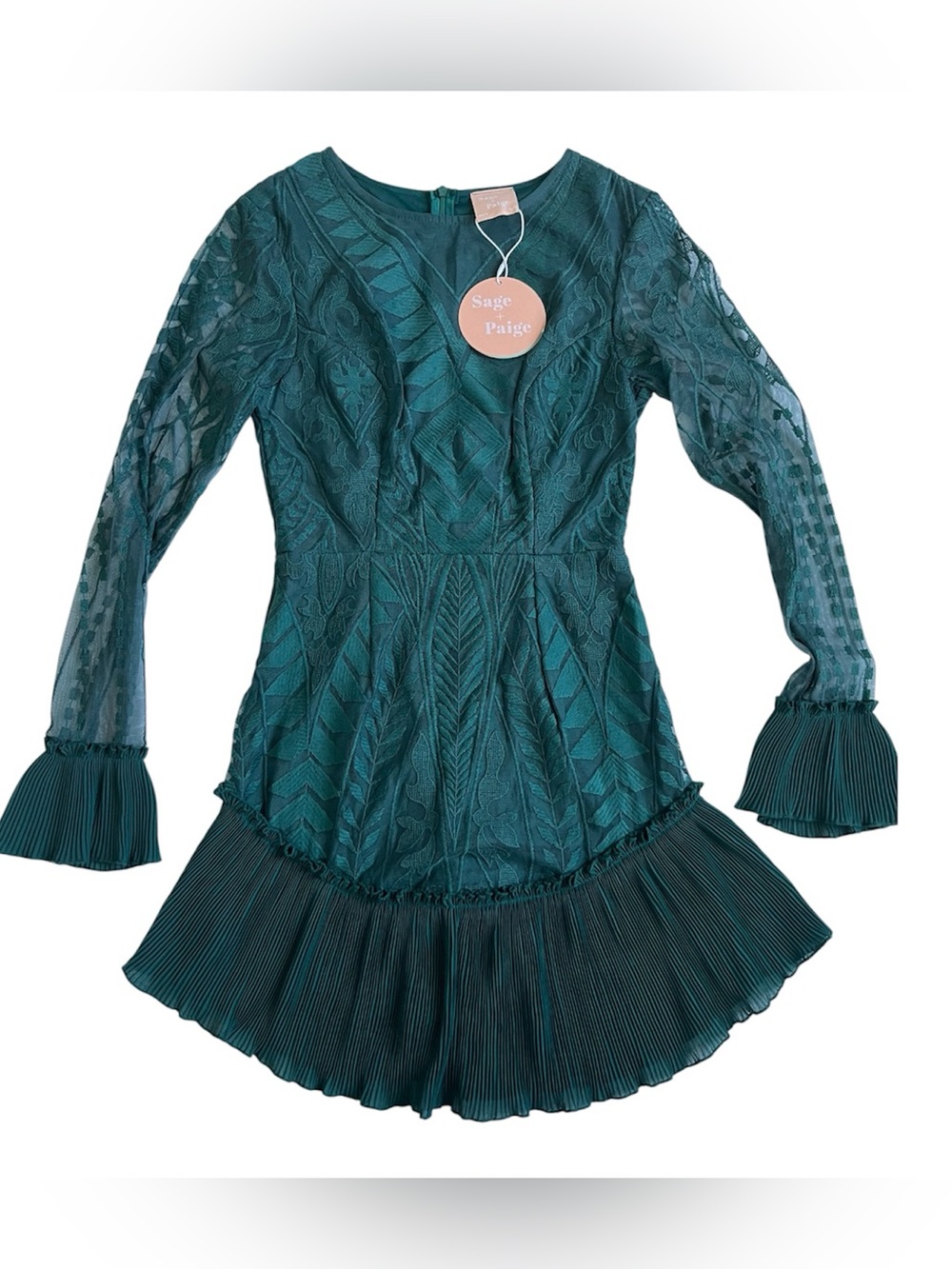 NWT Sage + Paije Forest Green Lace Long Sleeve mini Dress - Picture 2 of 11